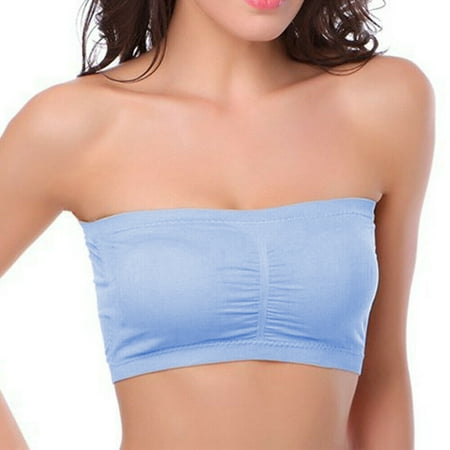 Emmababy Women s Padded Strapless Bra Basic Wire-Free Summer Seamless Bandeau Tube Top Bra(Blue 2XL)