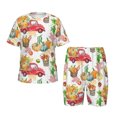Luyuia Autumn Harvest Truck Print Girls  2-Piece Tie-Dye Pajama Set  Cute Summer Loungewear with Shirt and Tank Shorts Nightwear-Large