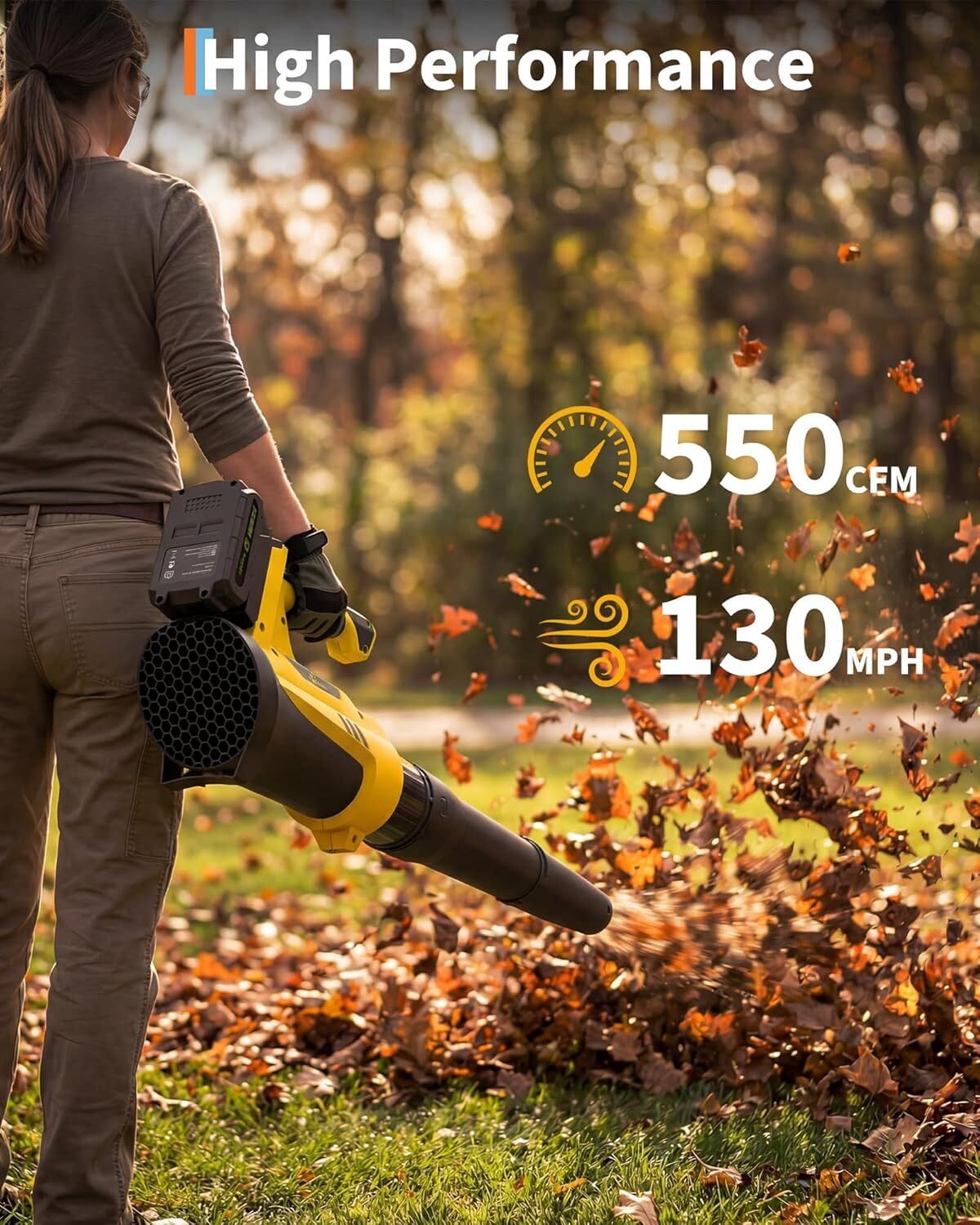 Garvee Battery Power Leaf Blower 550 CFM/130 MPH, 20V Portable Hand Blower with 6-Variable Speed for Lawn, Driveway, Sidewalk, Yellow & Black