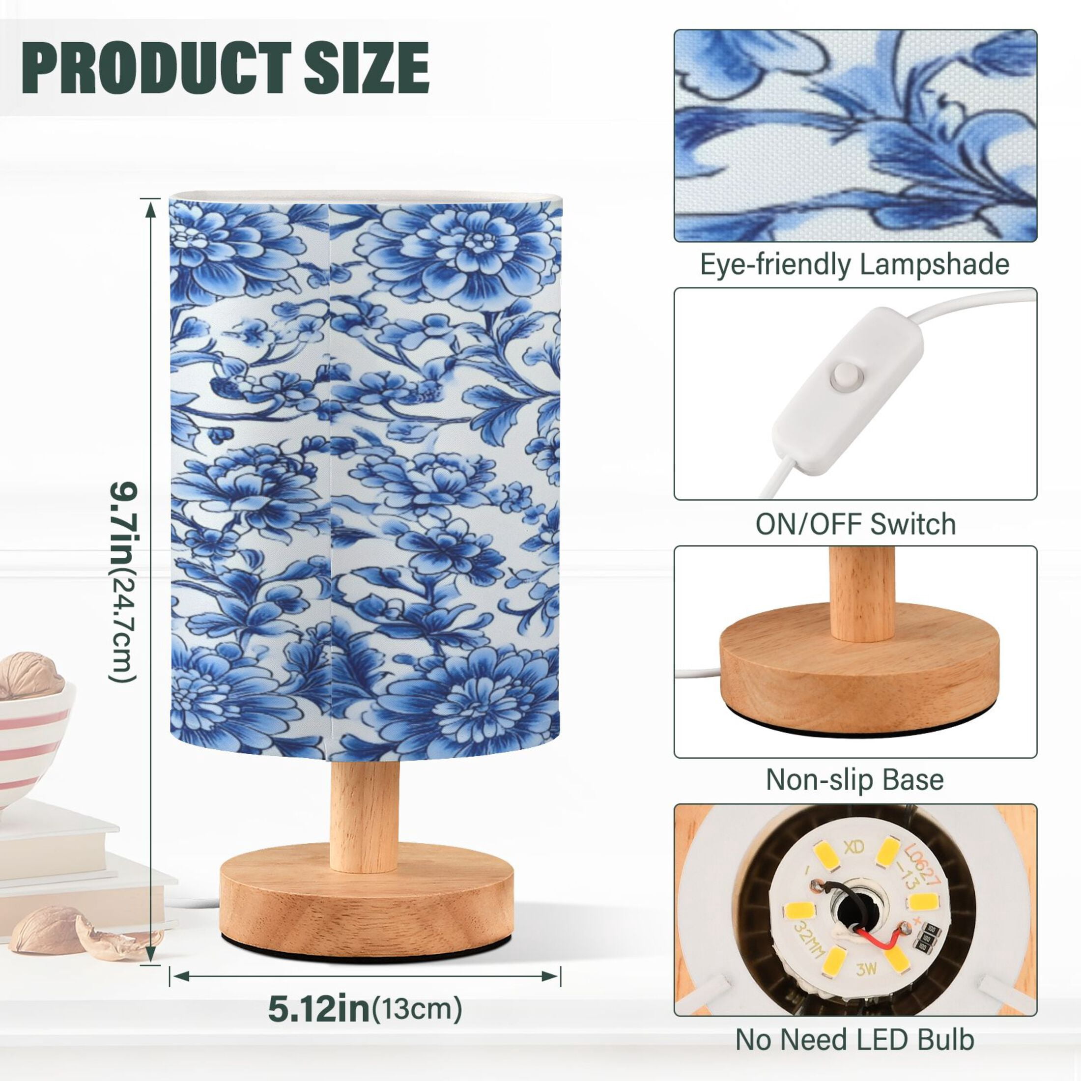 Blue and White Porcelain USB Powered Canvas Shade Desk Lamp LED Light with Stable Base for Home and Office