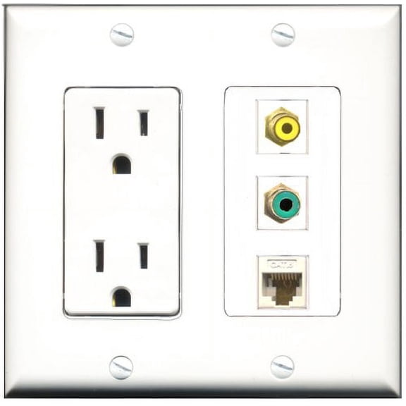 RiteAV - 15 Amp Power Outlet 1 Port RCA Yellow 1 Port RCA Green 1 Port Cat6 Ethernet Ethernet White Decorative Wall Plate