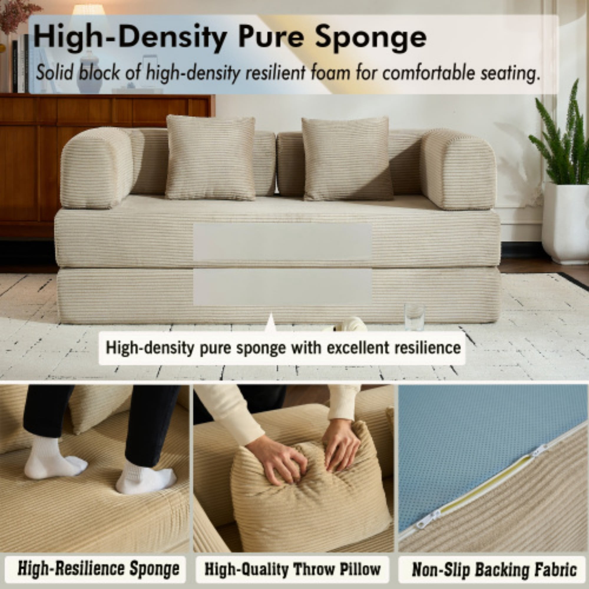 BSHTI 77" Corduroy Convertible Sleeper Sofa Bed with Cylindrical Pillow, No Assembly, Small Space for Living Room（Beige）
