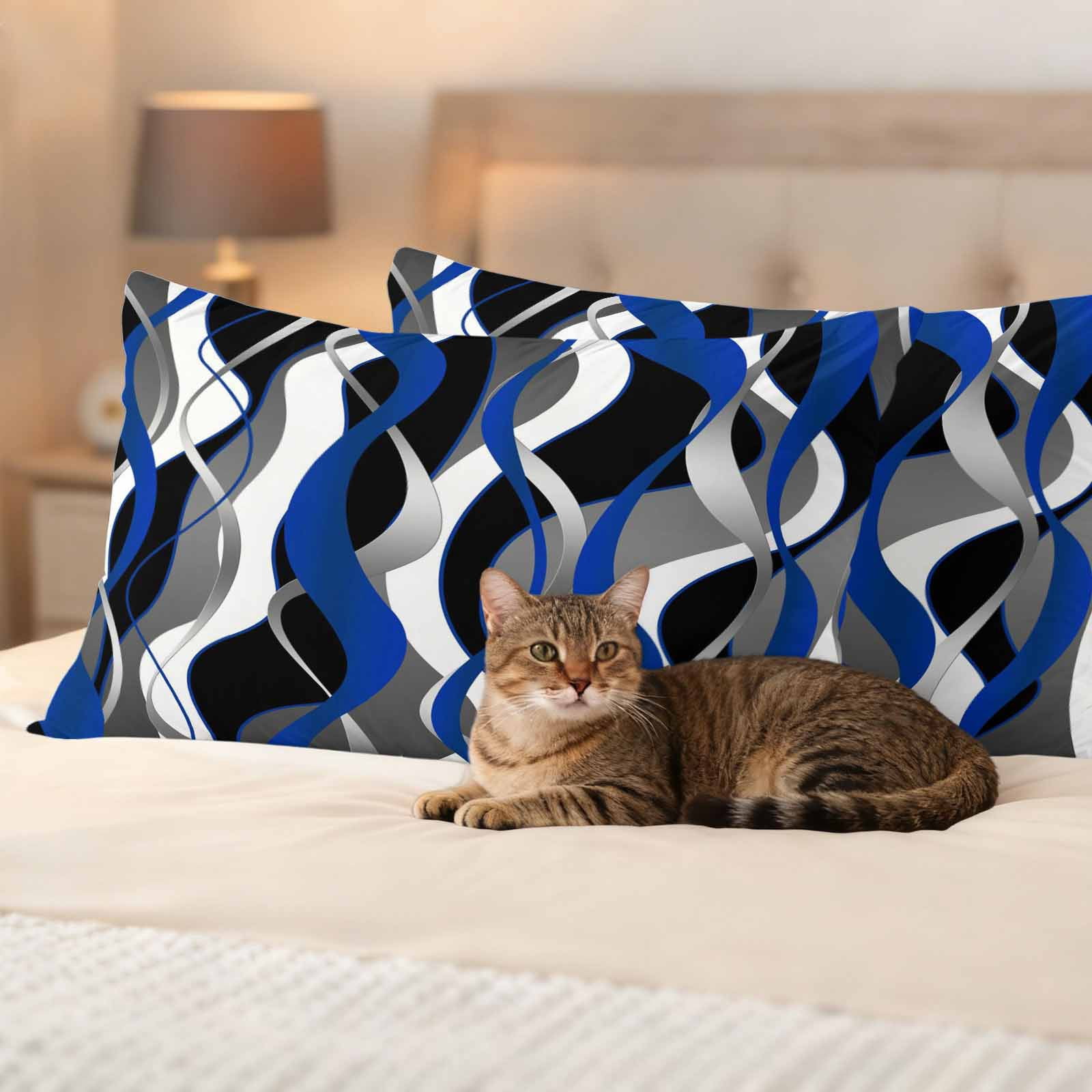 Blue Black Stripes Outdoor Waterproof Pillow Covers, Modern Abstract Ombre Grey White Lines Decorative Rectangle Throw Pillowcase Sofa Cushion Sham for Patio/Couch/Chair, 20"x12" 2 Pack
