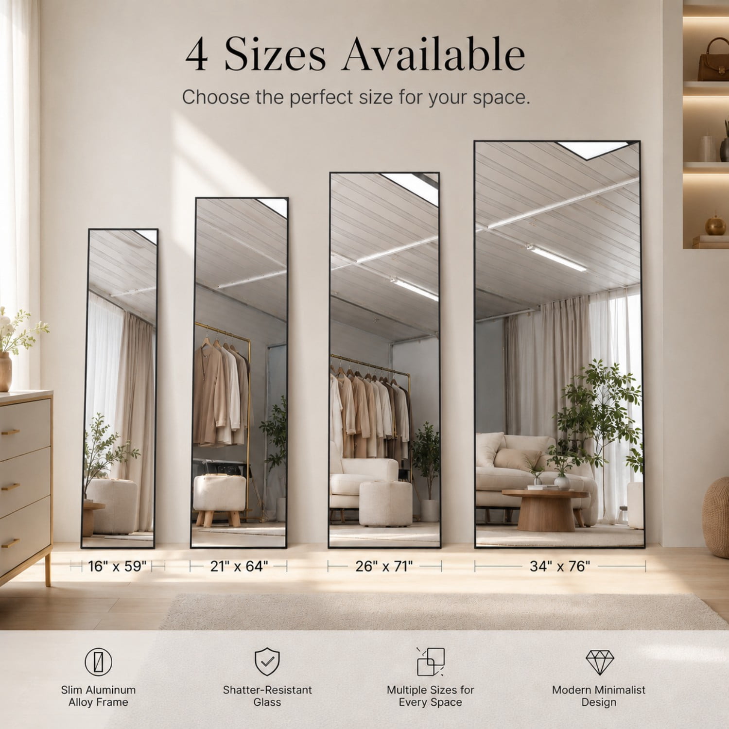 BEAUTYPEAK 64"x21" Full Length Mirror Rectangle Body Dressing Floor Standing Mirrors, Black