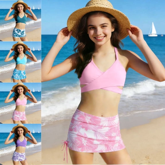 SGFCWSX Girls 2-Piece Swimsuit, Kids Halter Bikini Crisscross Crop Top and Floral Print Ruched Skirted Bottom, Bathing Suit for Beach Pool Pink Size 9-10Years