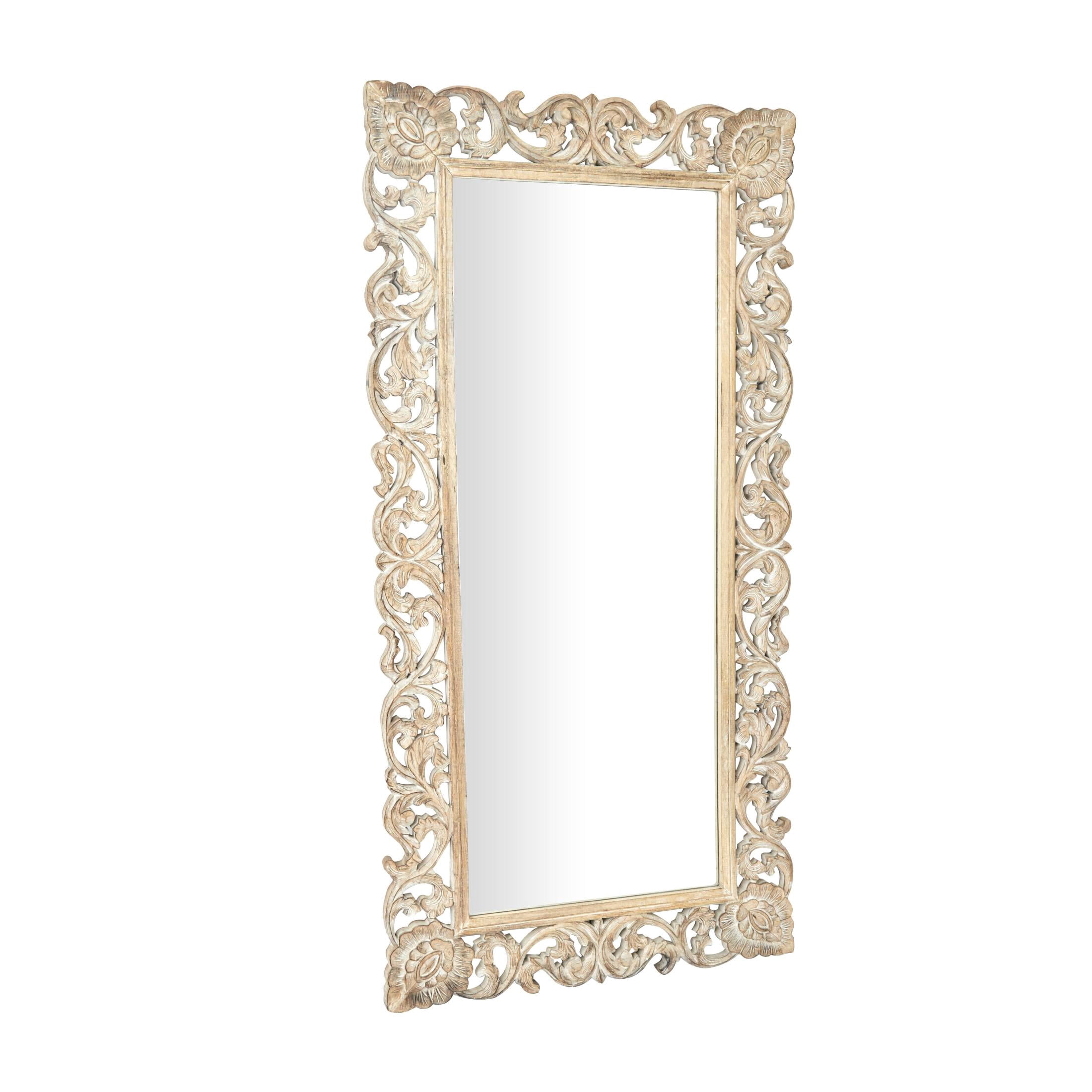 DecMode 36" x 72" Light Brown Washed Carved Scroll Wall Mirror