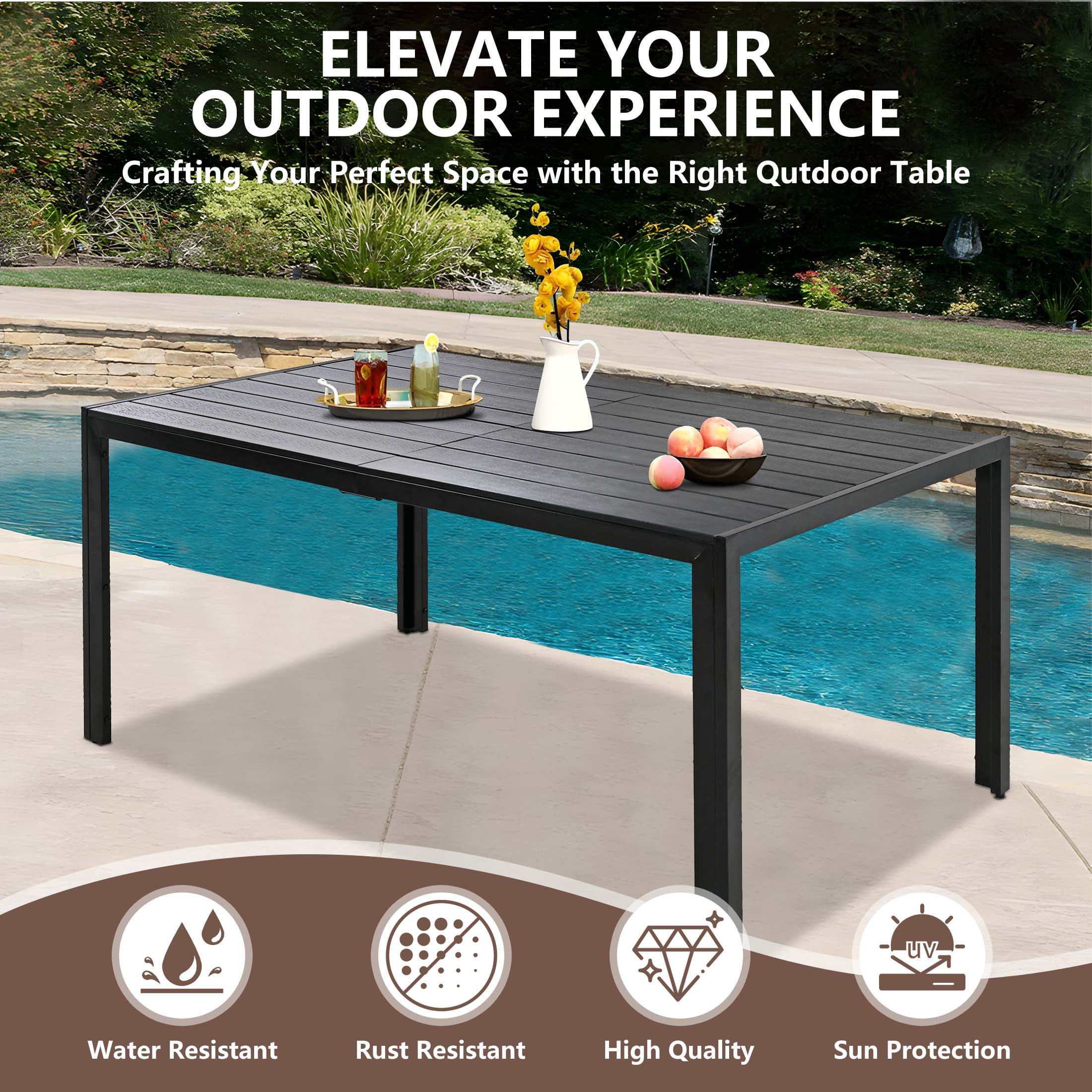 7 Piece Outdoor Dining Set, Patio Dining Table Set for 6 Persons, Garden Patio Textilene Dining Furniture Set with Plastic-Wood Tabletop, Dining Table Chairs Conversation Set for Deck Patio