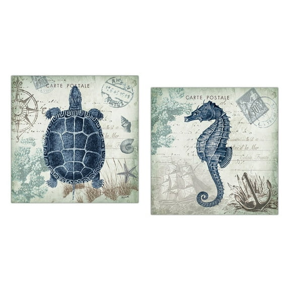 Nautical Seaside Blue Carte Postale Seahorse and Turtle Set by Tre Sorelle Studios; Two 12x12in Unframed Poster Prints