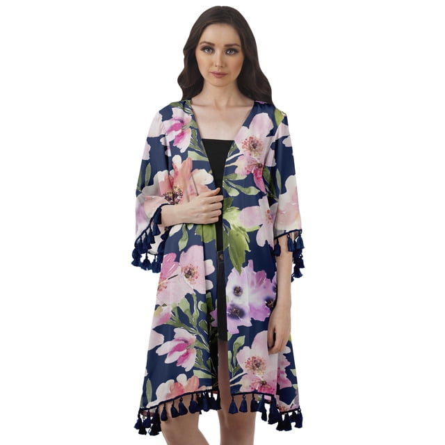 Moomaya Front Open Printed Shrug 3/4 Sleeve Georgette Beach Cover Up For Women