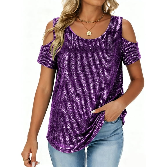 Women's Sequin Sparkly Tops, Holiday Party Glitter V-Neck Short Sleeve Shirts for Concert Club