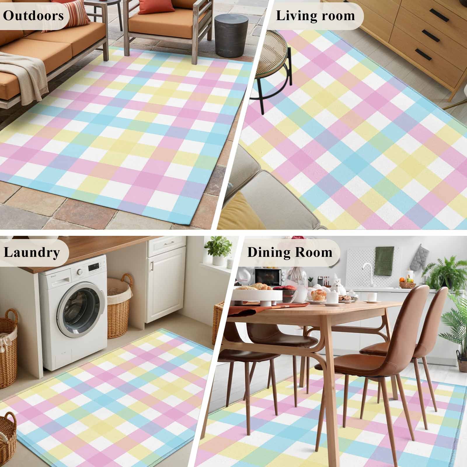 Easter Plaid Area Rugs 3'x5', Washable Small Throw Rugs for Living Room Bedroom, Spring Buffalo Plaid Simple Colorful Indoor Outdoor Rug Non-Slip Low Pile Carpet Runner Reversible Floor Mats