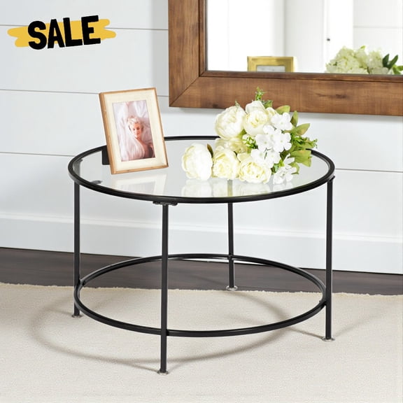 Gzxs Round Coffee Table with Glass Top and Metal Frame, 25.98"L x 25.98"W x 16.53"H, Black
