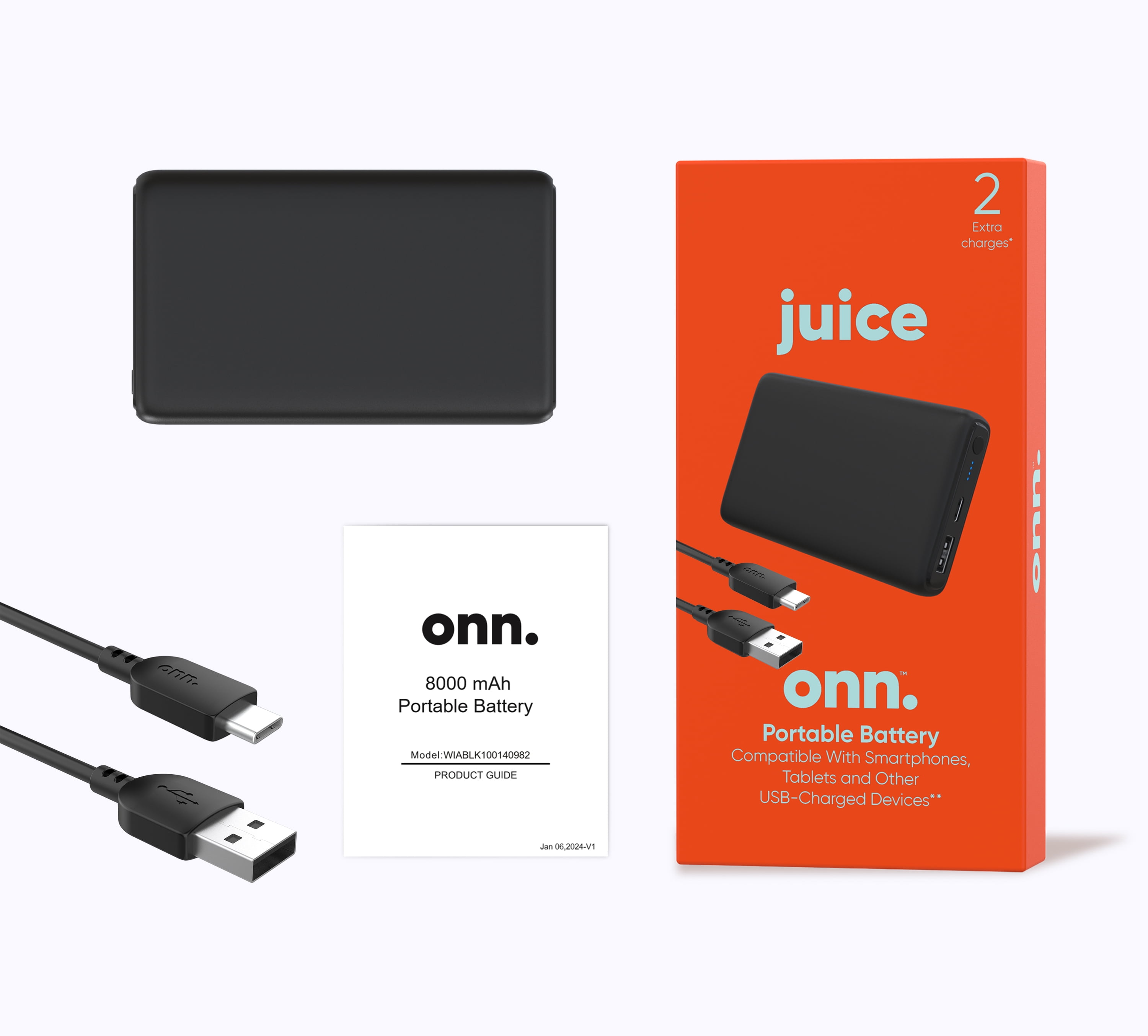 Onn+ 8000mAh Portable Power Bank Charger with Dual USB-C USB-A