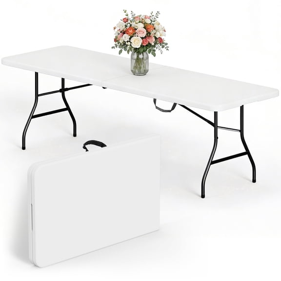 HaiCube 8 Foot Plastic Folding Table Portable Heavy Duty Rectangular Table with Carry Handle, Indoor Outdoor for Camping Picnic Party Dining, White