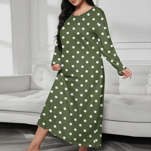 JUSLIO Nightgowns for Women Graphic Print Nightgown Sleep Dress Long Sleeve Loungewear Round Collar Robes Army Green Pajama Nightgowns Sleepwear