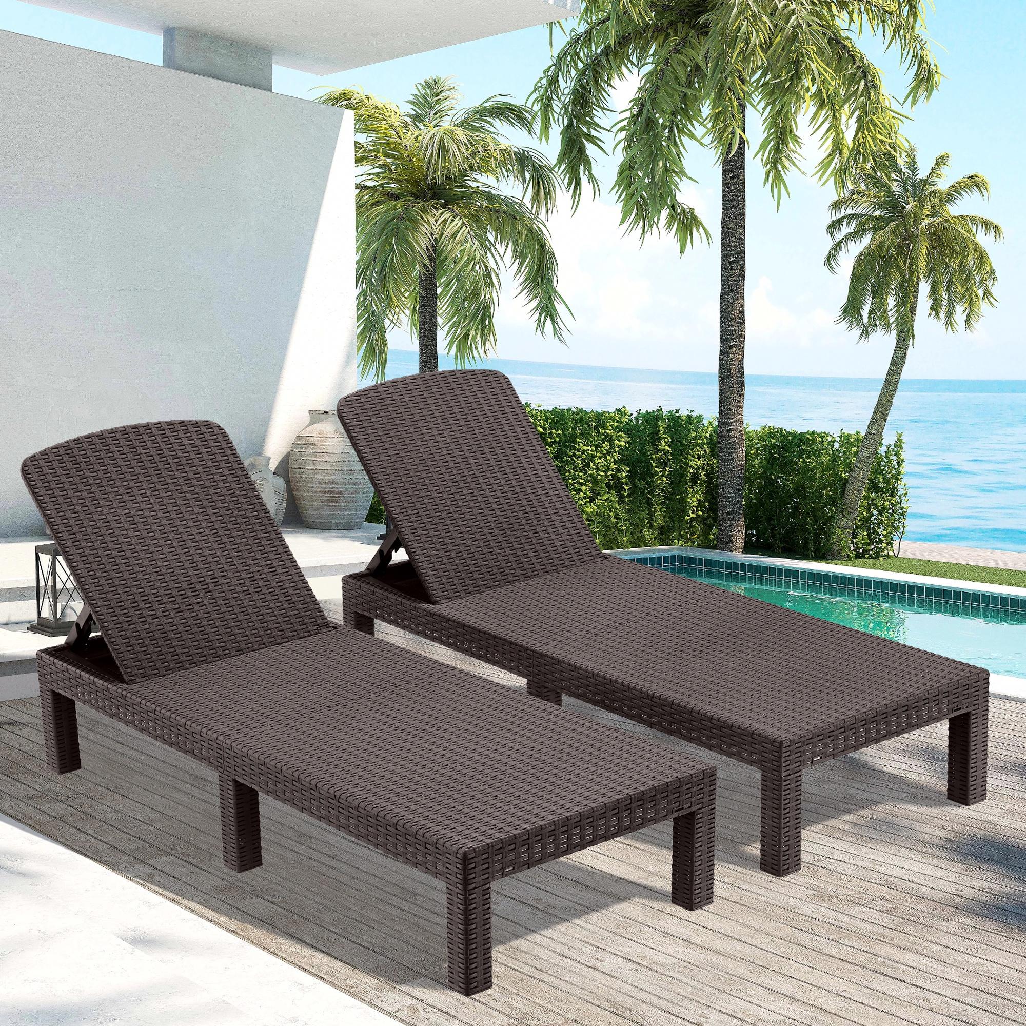 2 Piece Outdoor Chaise Lounge Set, PP Resin Adjustable Reclining Lounge Chairs, Patio Sun Loungers for Poolside Porch Backyard Garden, Espresso - image 2 of 10