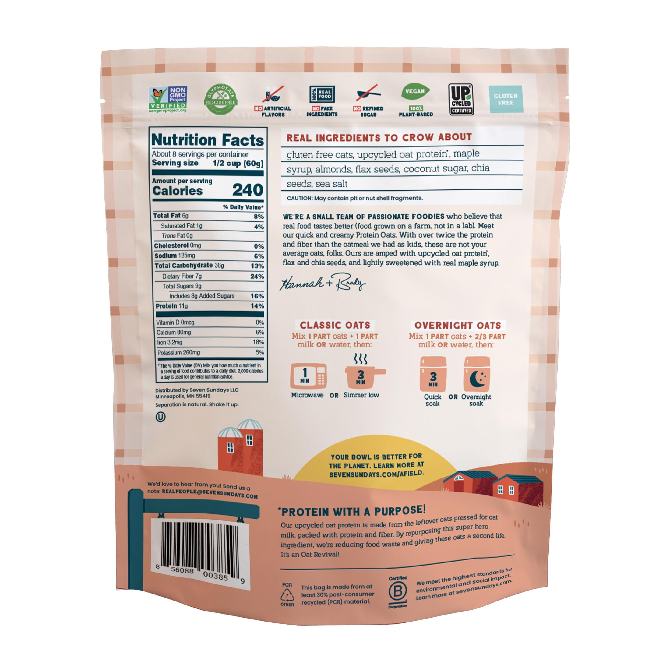 (6 pack) Seven Sundays Maple Almond Flax Chia Protein Overnight Oatmeal, Gluten Free, 16 oz Bag