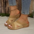 thumbnail image 2 of Womens Comfortable Open Toe Wedge Slide Sandals, Arch Support Cushioned Footbed, Non-Slip Outsole Vegan Faux Leather Slip On Summer Shoes - Khaki,Size 7.5, 2 of 9