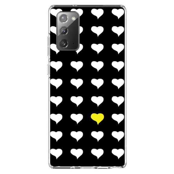 DistinctInk Clear Shockproof Hybrid Case for Samsung Galaxy Note 20 (6.7" Screen) - TPU Bumper, Acrylic Back, Tempered Glass Screen Protector - Yellow White Black Repeating Hearts