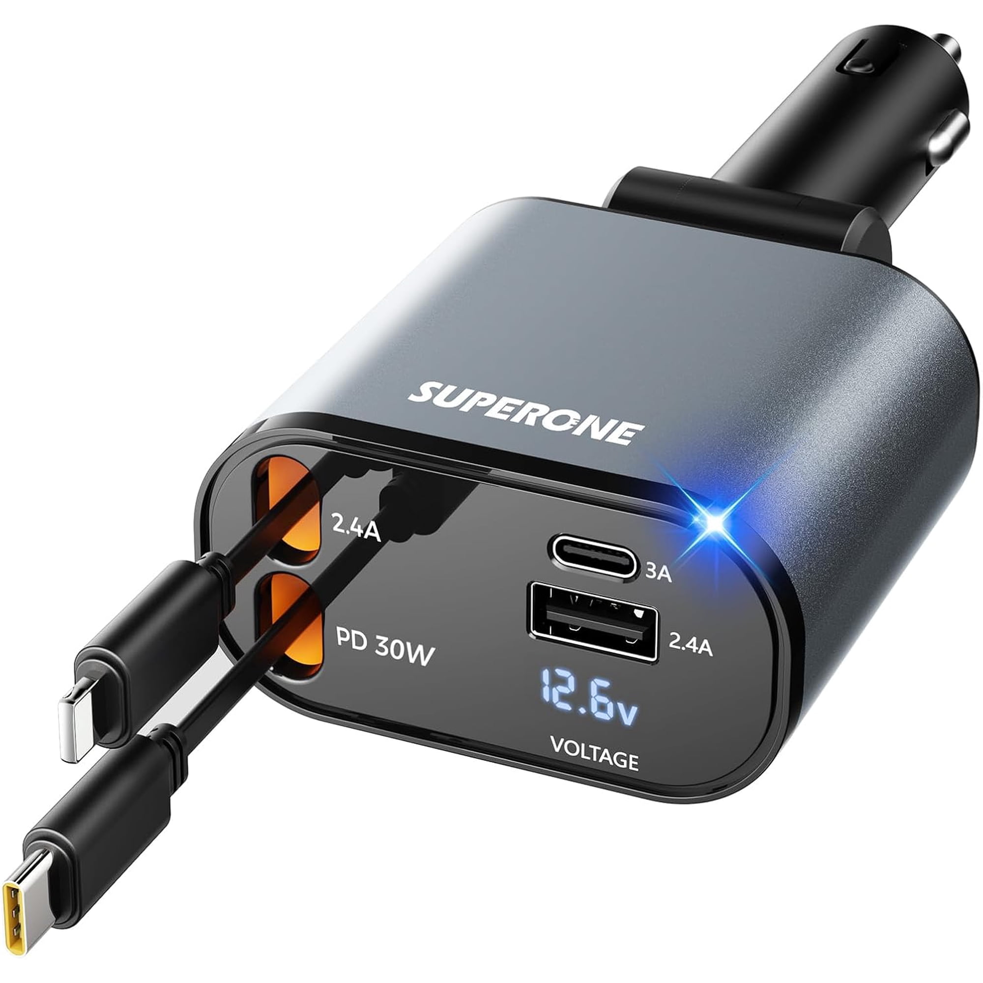CJBZLCPCOO SUPERONE Retractable Car Charger 4 in 1, Fast Car Phone Charger with Cord 2.6ft, USB C and Apple Car Charger Adapter, Compatible with iPhone 15/15 Pro Max/14/13/12/11, Galaxy, Pixel