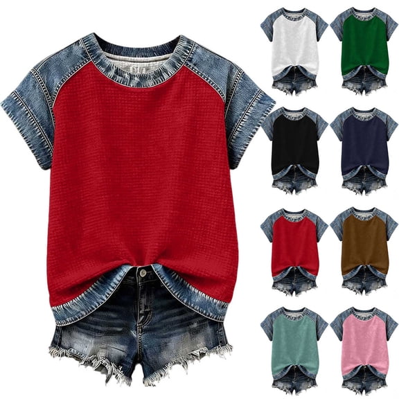 Ashirexll Tops for Women Trendy, Short Sleeve Shirts for Women, Round Neck Fashion Casual Denim Print Patchwork Blouse