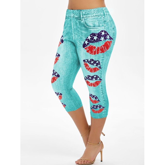 Más el tamaño de la impresión del labio de la bandera americana recortada Jeggings Rosegal Leggings de talla grande