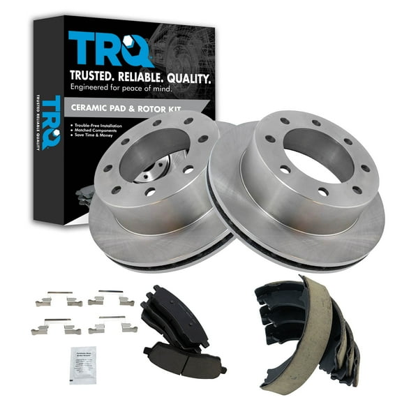TRQ Rear Brake Pad & Rotor Kit Brake Pads Brake Rotor Parking Brake Shoe Set Ceramic Fits Select 2000-2005 Ford Excursion 1999-2004 F-250 Super Duty F-350 Super Duty