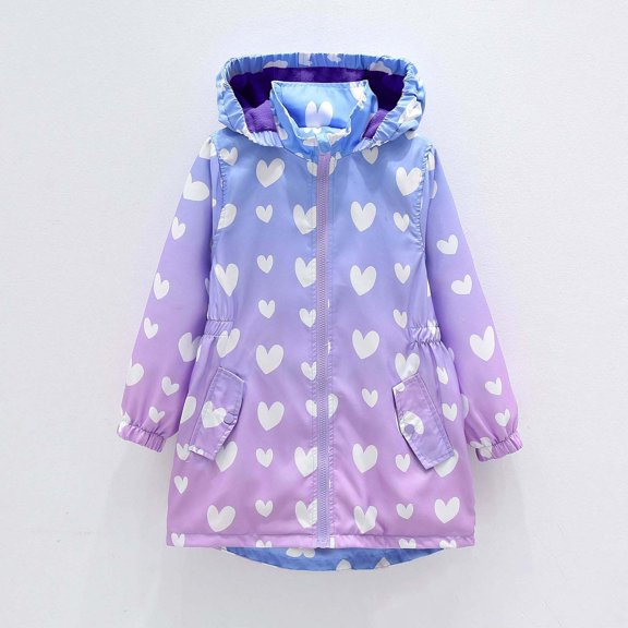 Girls Hooded Windproof Long Jacket, Big Kids Gradient Heart Print Pocket Warm Fall Winter Outerwear Coat Purple 8-9 Years