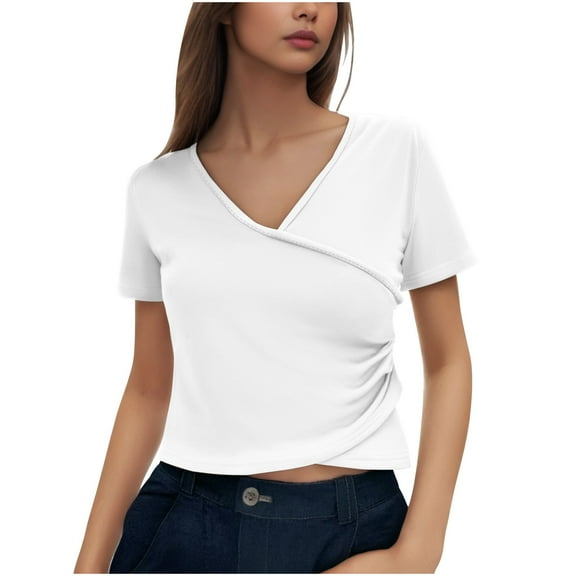 Ltctricy Women's Crop Tops Casual Wrap V Neck Short Sleeve Ruched Solid Color Slim T Shirts Soft Summer Tees