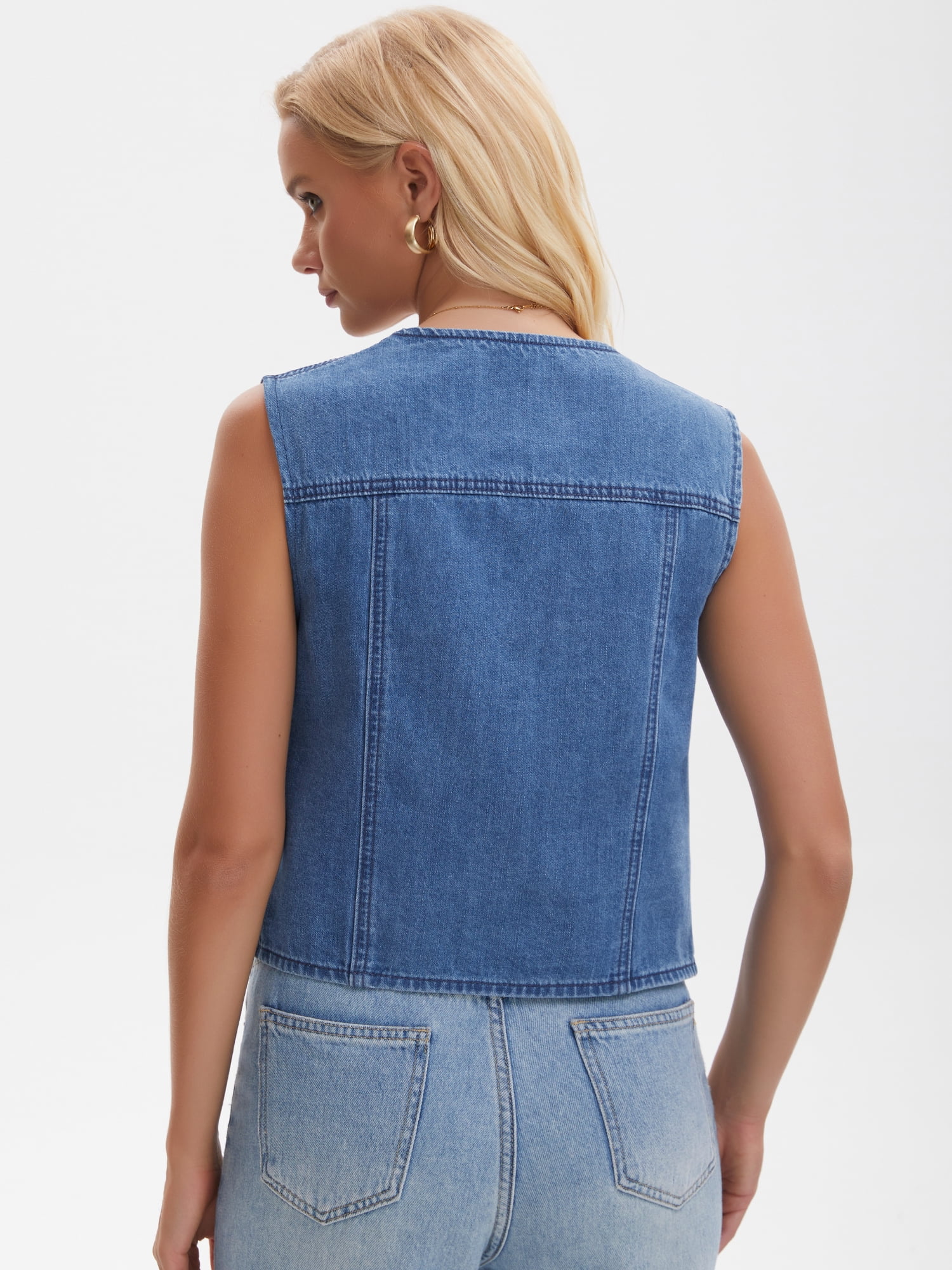 DARING DIVA Women's V Neck Button Up Sleeveless Cropped Denim Vest M Blue