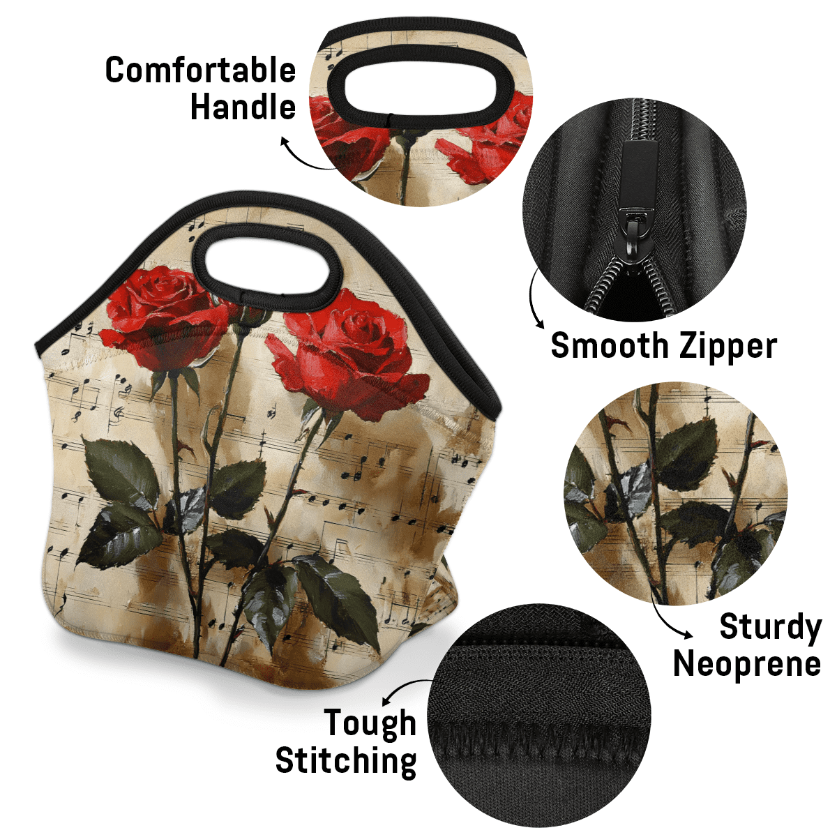Herdesigns Red Rose Insulated Lunch Bag Neoprene Lunch Box for Women Men Soft Cooler Bag Rose Floral Washable Lunch Tote for Work Outdoor Picnic