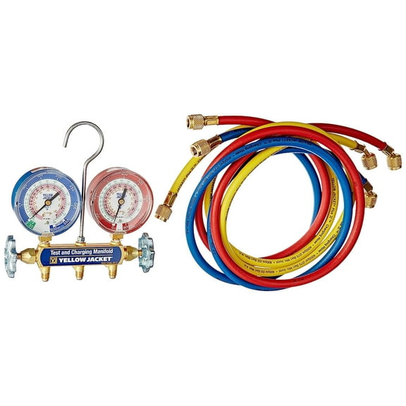 1 PC Yellow Jacket YELLOW JACKET 42004 Series 41 Manifold with 3-1/8" Gauges with Hoses