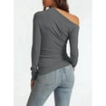 thumbnail image 2 of Women'S Off Shoulder Tops Dressy Long Sleeve Asymmetrical Slim Fit Going Out Fall Blouse Ruched Shirts Dark Gray XS, 2 of 5