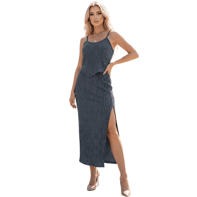 Set 2 Piezas Rayado Blusa de Tirantes y Falda Larga con Abertura Chic para Mujer