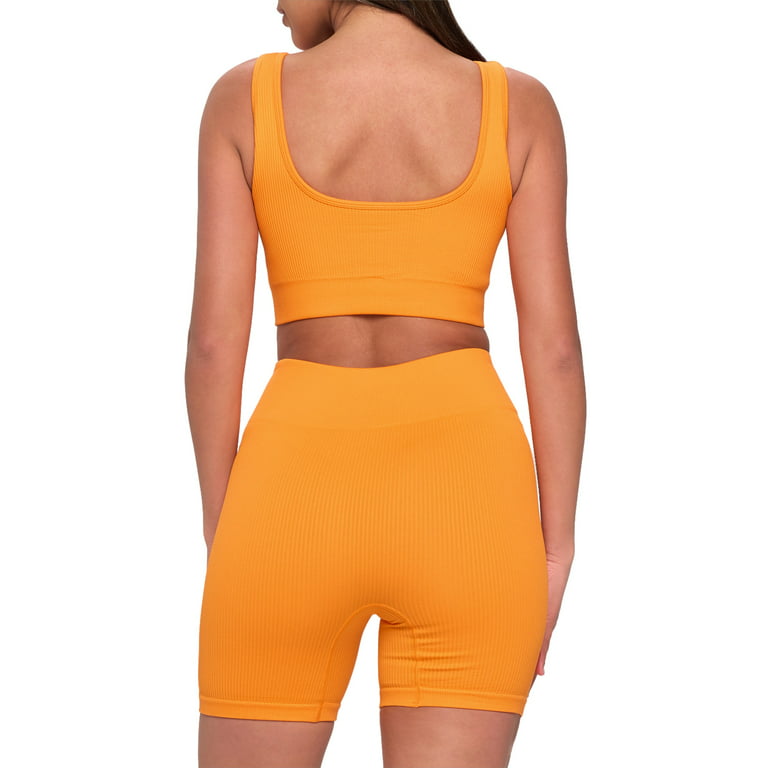  LNSK Workout Sets Ribbed Tank 2 Piece Cute Yoga Workout Set  Seamless High Waist Gym Outfit Shorts Orange : Clothing, Shoes & Jewelry