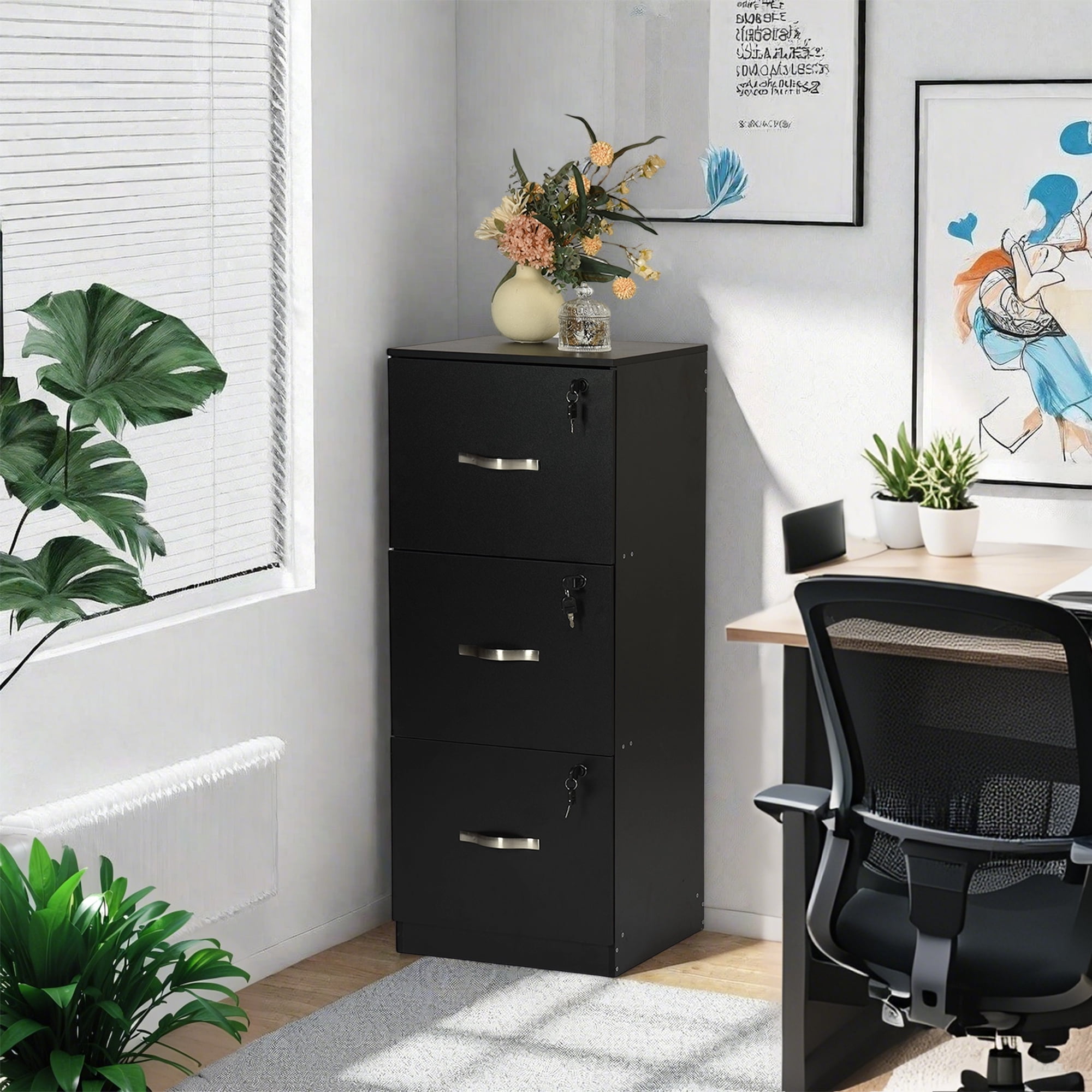 Homy Casa 3-Drawer Metal File Cabinet with Lock, Filing Cabinet for Office, Home, or Business Use,Black
