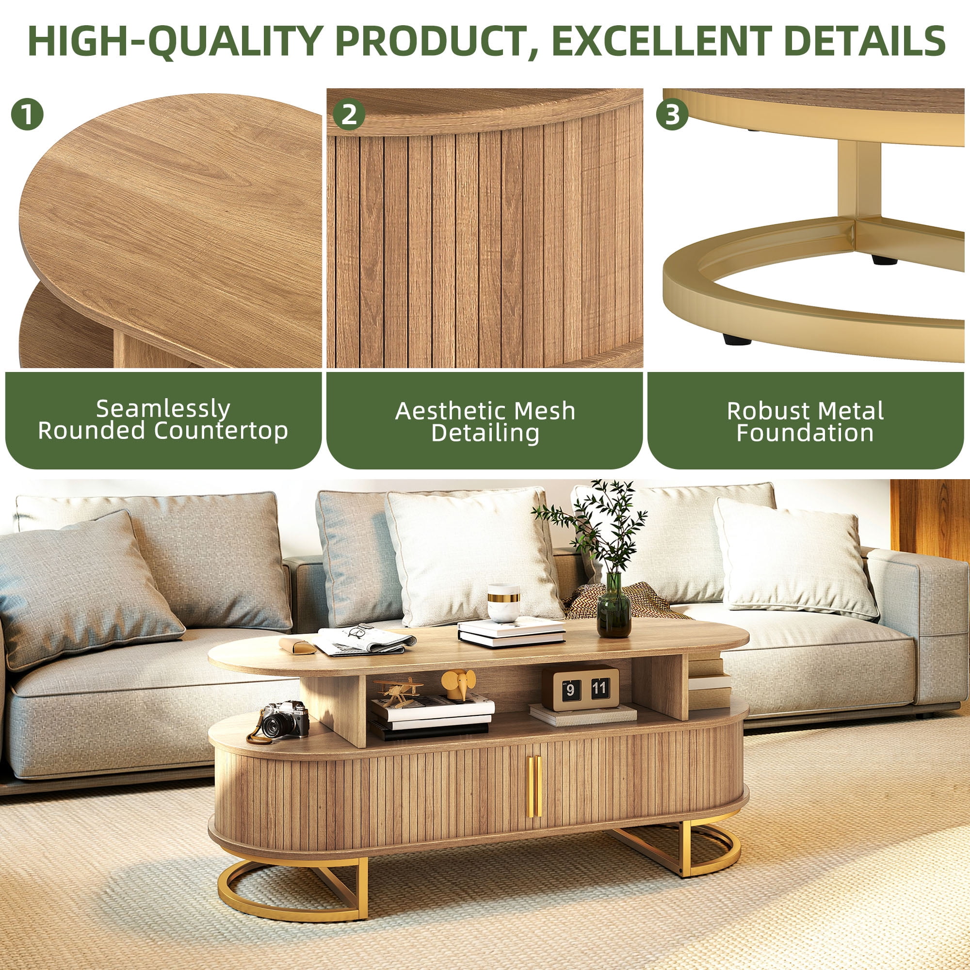 Uforic Oval Coffee Table with Storage & Fluted Sliding Doors for Living Room, Oak