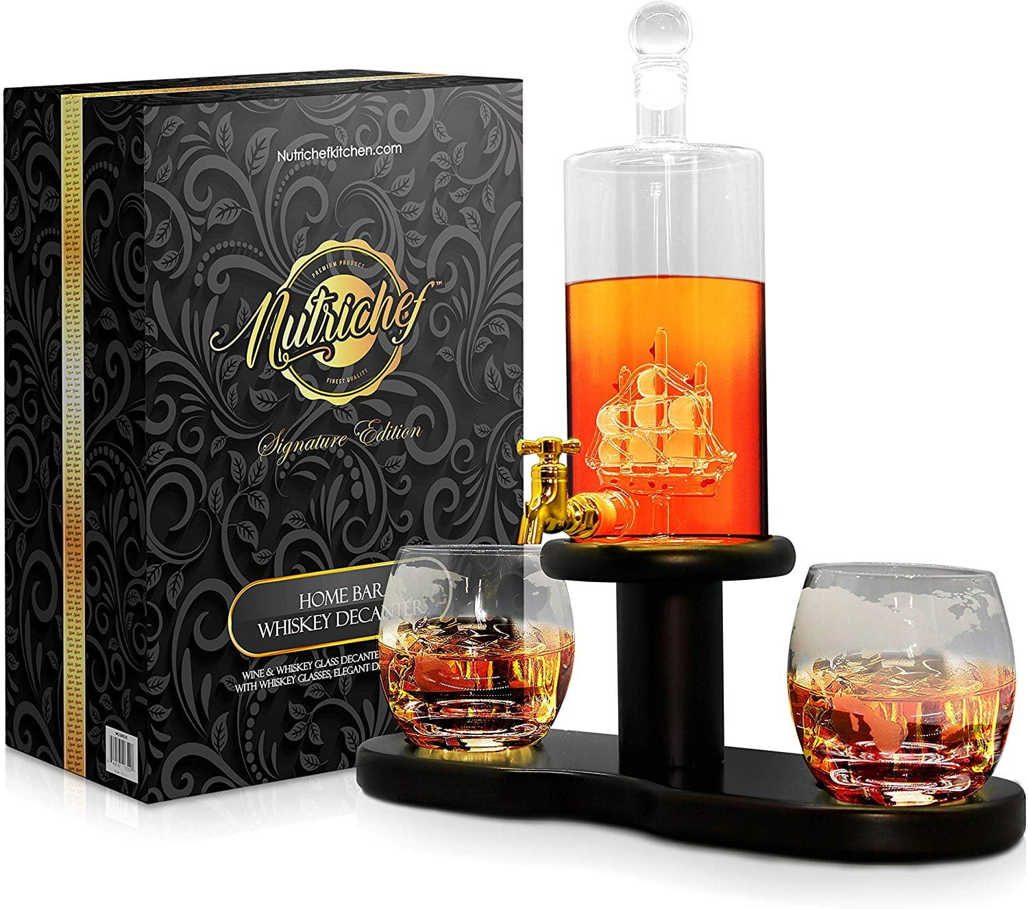 NutriChef NCGDS16 Home Bar Glass Whiskey Decanter Aerator Set with Whiskey Glasses, 3-Piece, Ship Design