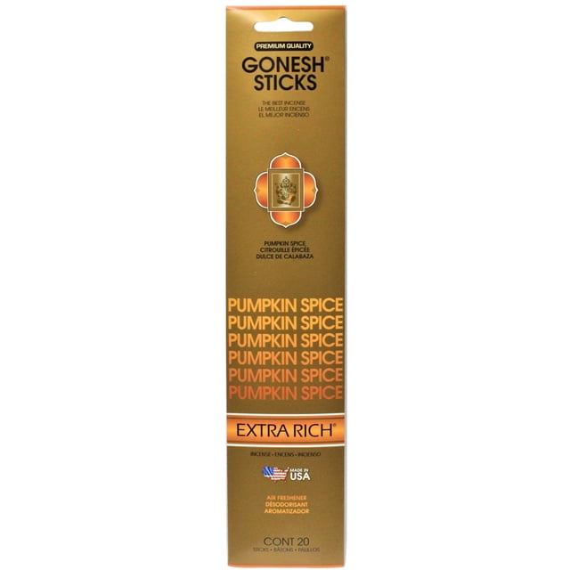 Gonesh Sticks Pumpkin Spice incense sticks packaging in warm brown with repeated pumpkin spice text and extra rich label, made in USA, containing 20 sticks for home fragrance and air freshening.