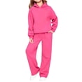 thumbnail image 2 of Amidoa Girls 2 Piece Outfits Fall Winter Clothes Soft Solid Color Long Sleeve Hooded Sweatshirt and Casual Pants Kids Clothing Sets Size Hot Pink 140, 2 of 6