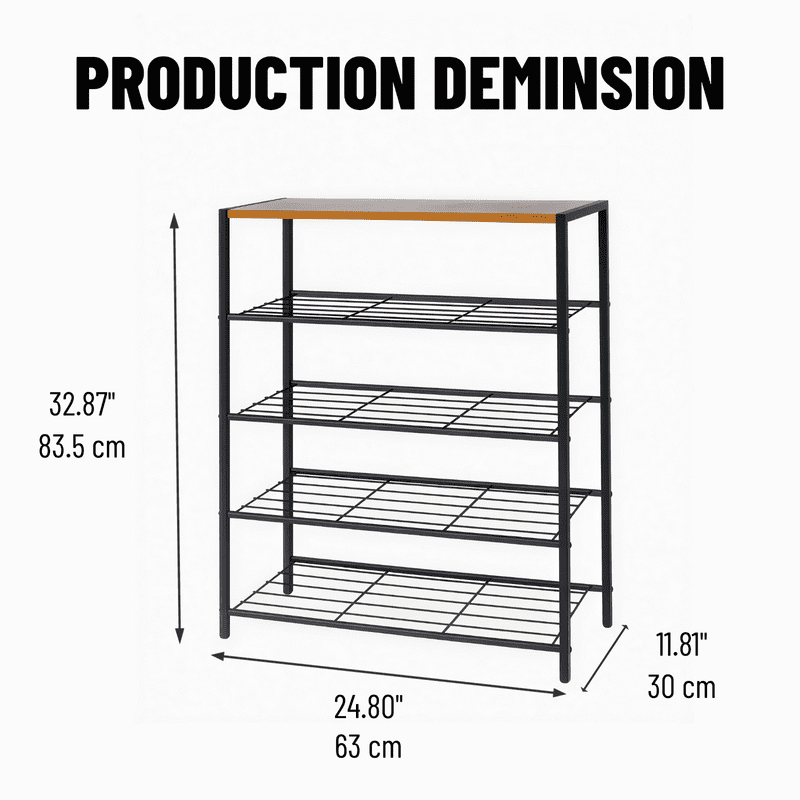 5-Tier Shoe Rack with Wood Top & Metal Frame | Free Standing Shoe Storage Organizer for Entryway, Closet, Dorm, Garage | Multi-Purpose Shelf for Sneakers, Slippers, Boots