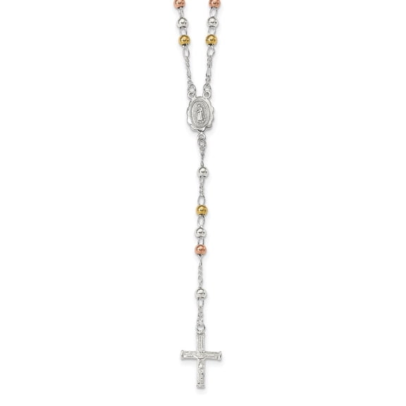 Diamond2Deal 925 Sterling Silver Yellow and Rose Flash Gold-plated Rosary Necklace for Women 24"