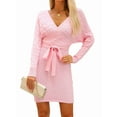 thumbnail image 2 of Women'S Long Sleeve Bodycon Sweater Dress V Neck Cable Knit Slit Midi Dresses with Belt Pink M, 2 of 10