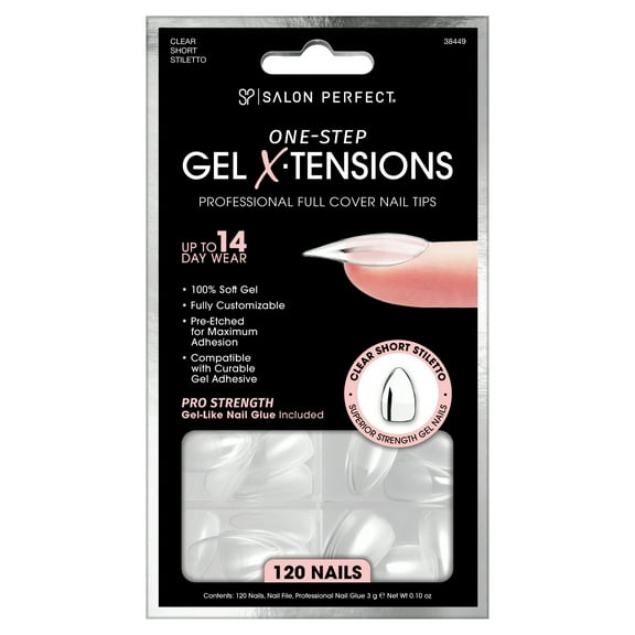 Salon Perfect Artificial Fake Press On Nails, 305 Gel X-Tension, Clear, Stilletto, File and Glue Inlcuded, 120 Nails