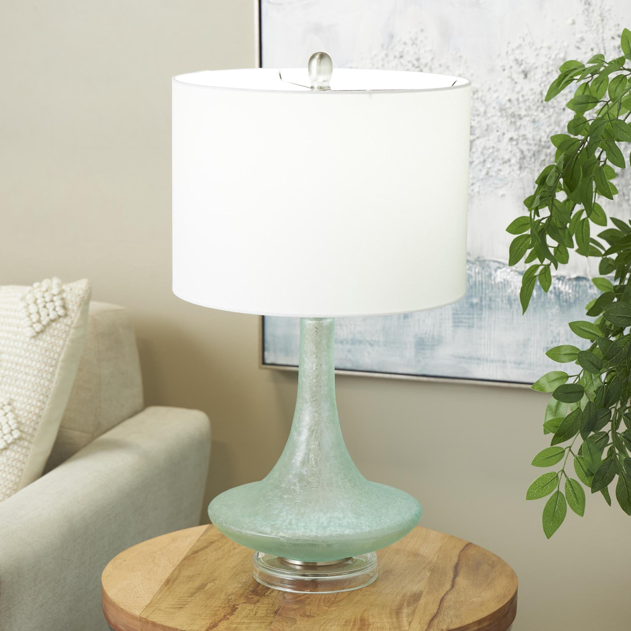 DecMode 25" Textured Frosted Round Teal Table Lamp with White Linen Shade