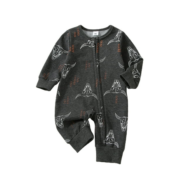 goowrom Barboteuse Bébé Fille Garçon, Manches Longues Col Rond Imprimé Dessin Animé Ox Head Décontracté Automne Printemps Combinaison Longue