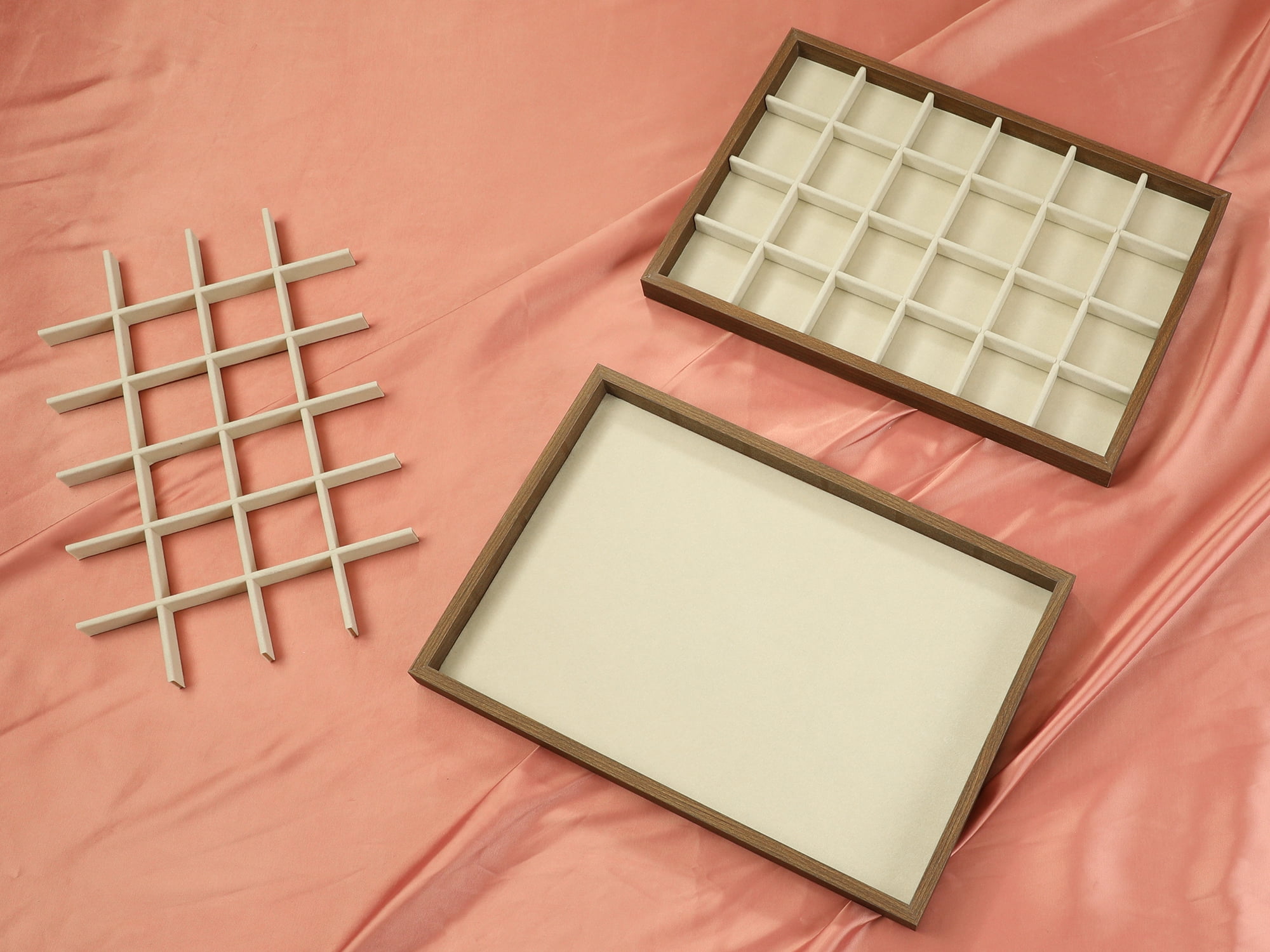 Unique Bargains Set of 2 Stackable Velvet Jewelry Organizer Trays with Removable Dividers Brown-24 Grid Tray