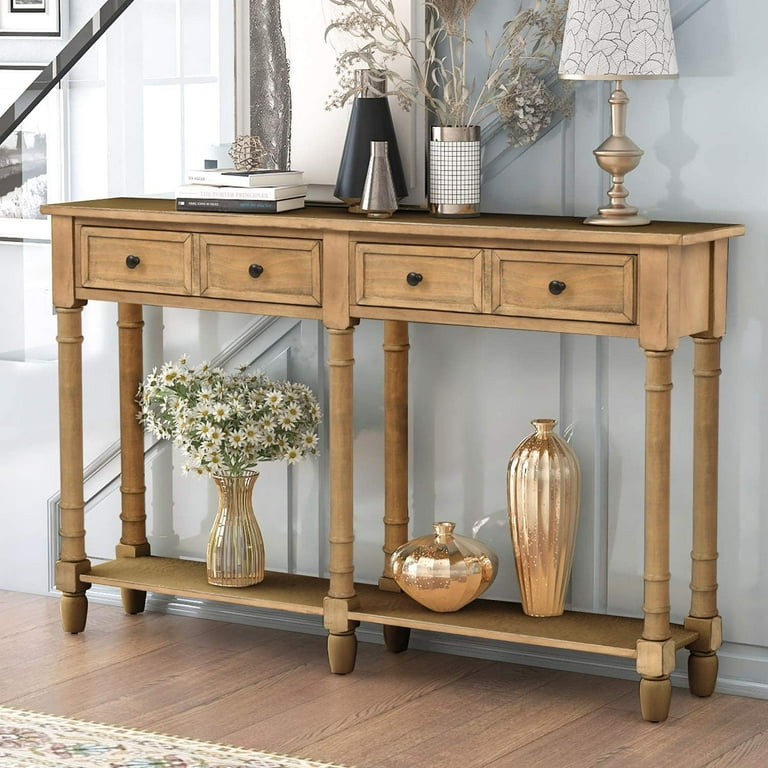 Retro Console Table Sofa Table for Entryway with Drawers and Shelf Living Room Table Old Pine