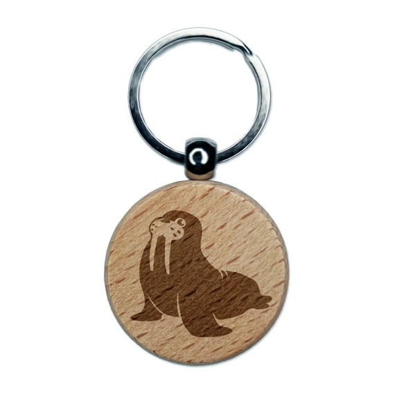Wobbly Walrus Round Keychain Charm Tag - Engraved Wood