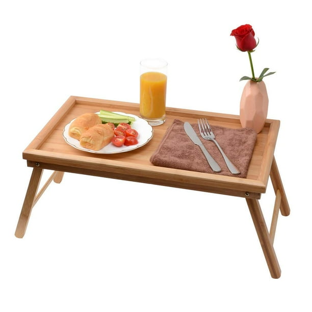 Adjustable Bamboo Bed Tray with Folding Legs, Lap Tray with Lipped